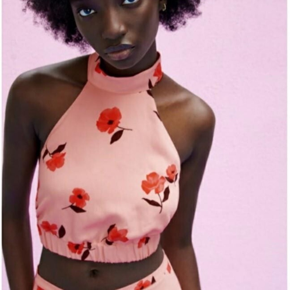 ZARA Pink Floral Halter Top Backless Cropped Coquette Girl Summer Vacation